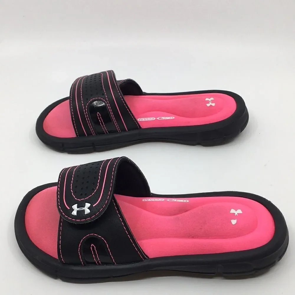 Under Armour Pink and Black hook and loop 4D Foam Slides, US Size 13K